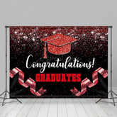 Aperturee - Aperturee Black Red Glitter Ribbons Congrats Grad Backdrop